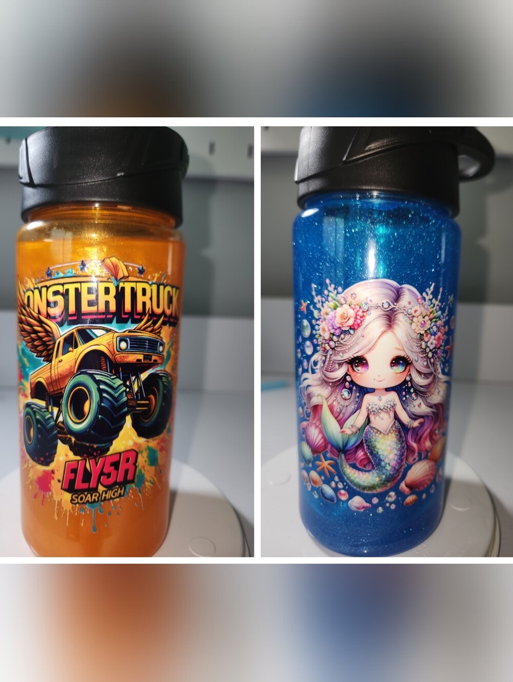 Kids Tumbler Cups- Monster Truck & Mermaid - Orange & Blue